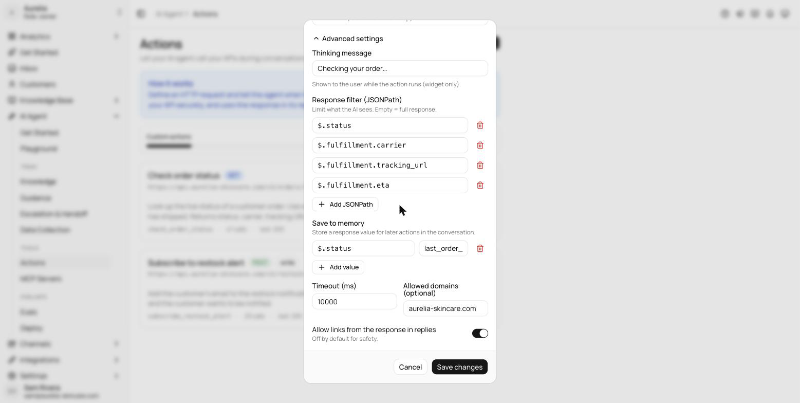 Advanced settings section of the action editor with the thinking message field, response filter JSONPath list, timeout field, allowed domains input, and the response-links switch