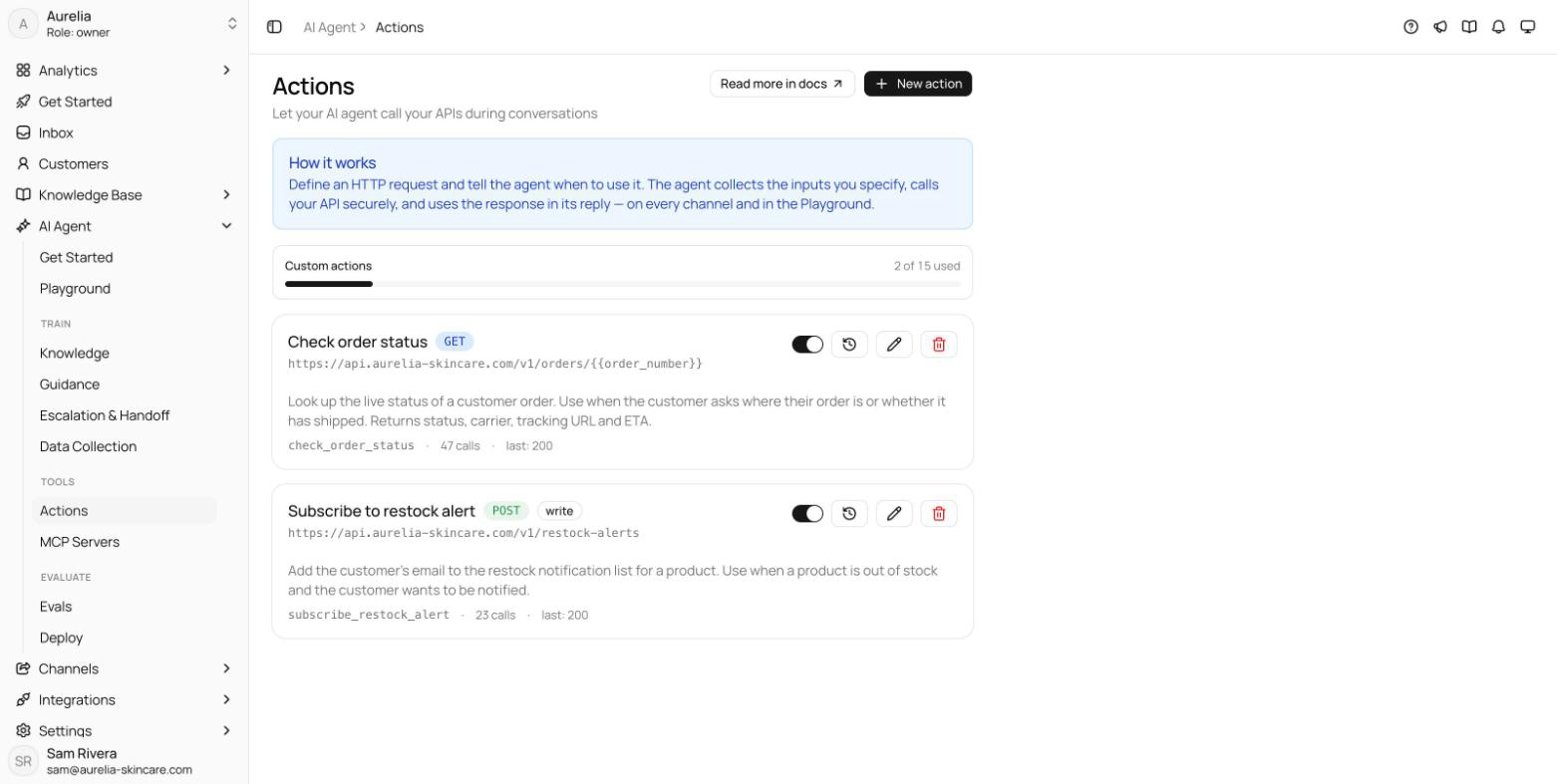 Actions page with the New action button, the how-it-works explainer, and the custom actions usage meter