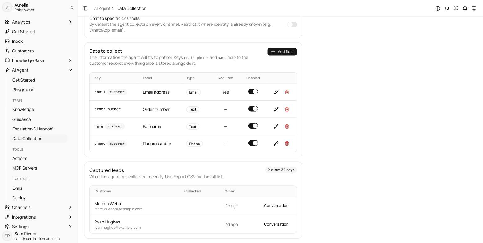 Data to collect table listing fields with key, label, type badge, required column, and per-field enable switches, with the Captured leads card below