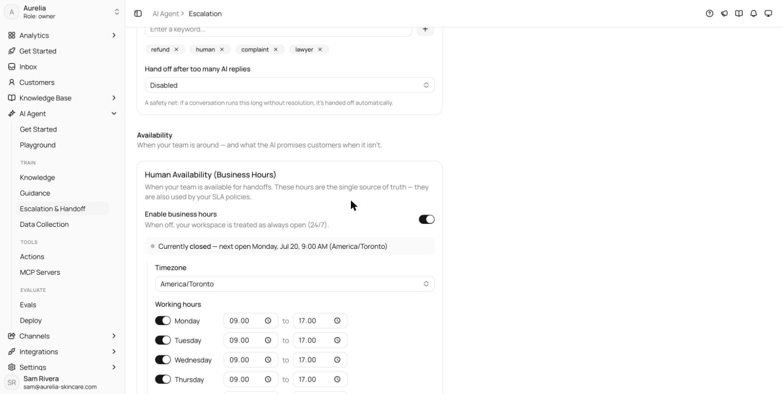 Human Availability card with business hours enabled, a timezone selected, weekday rows with start and end times, and the live availability status line