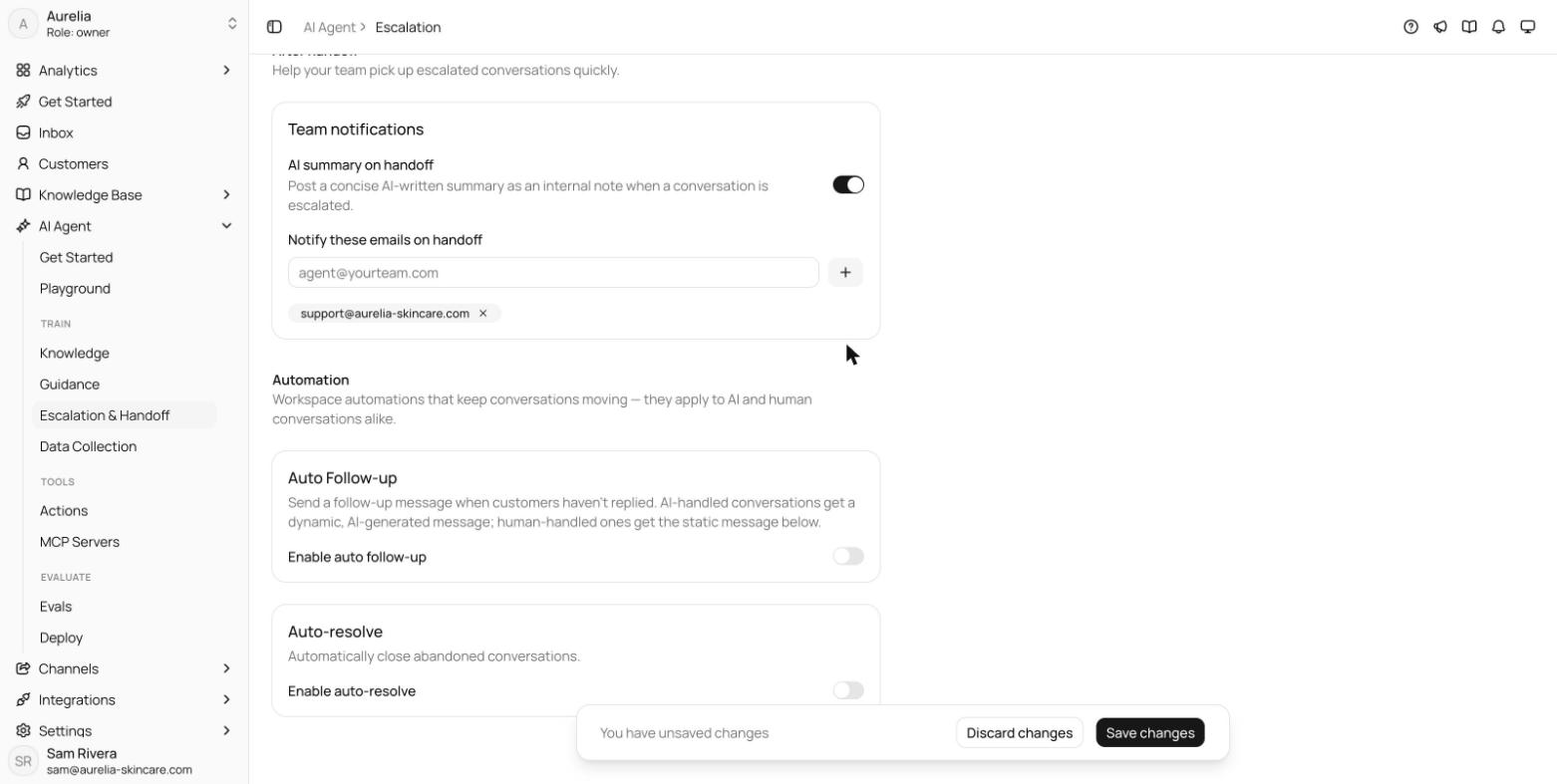 Team notifications card with the AI summary on handoff toggle switched on and the notify-emails input holding an address chip