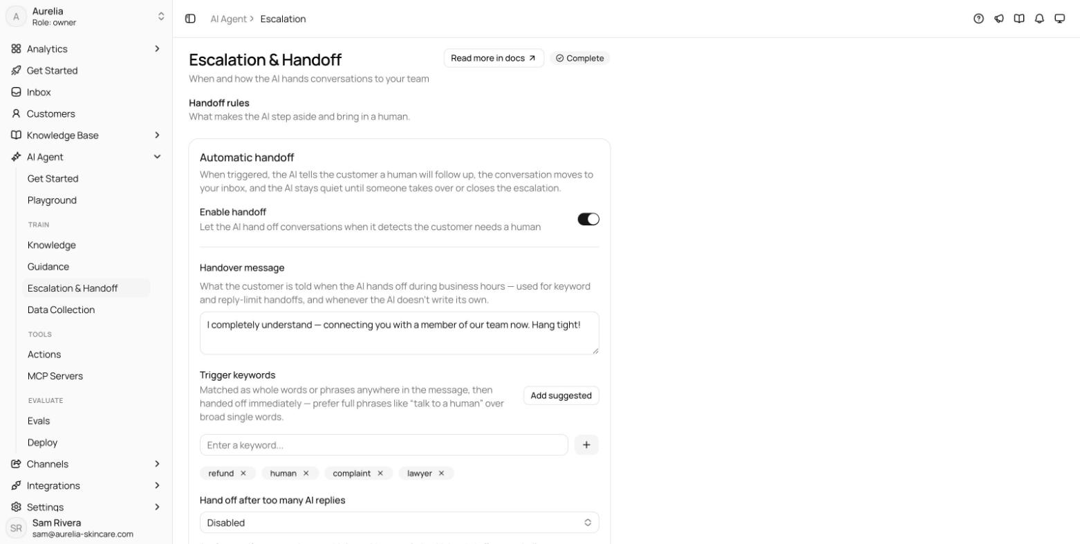 Handoff rules section with the Enable handoff toggle on, the Handover message textarea, trigger keyword chips with the Add suggested button, and the hand-off-after-replies select