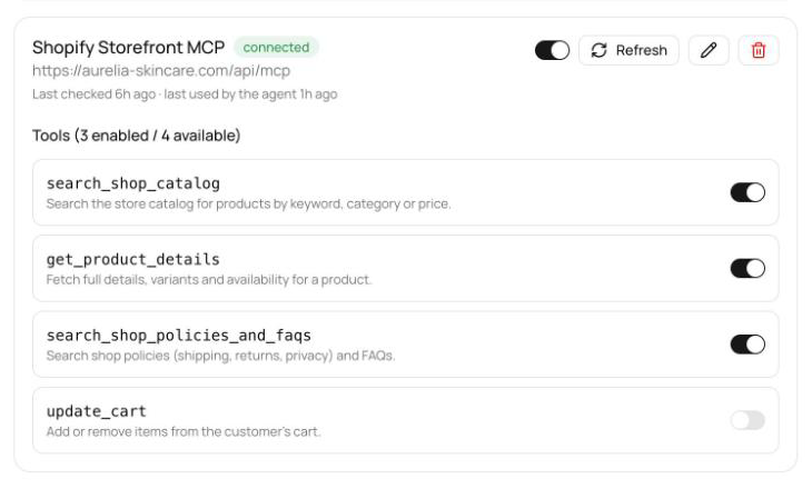 Connected MCP server card showing the connected status badge, the Enable server switch, and the tools list with per-tool switches