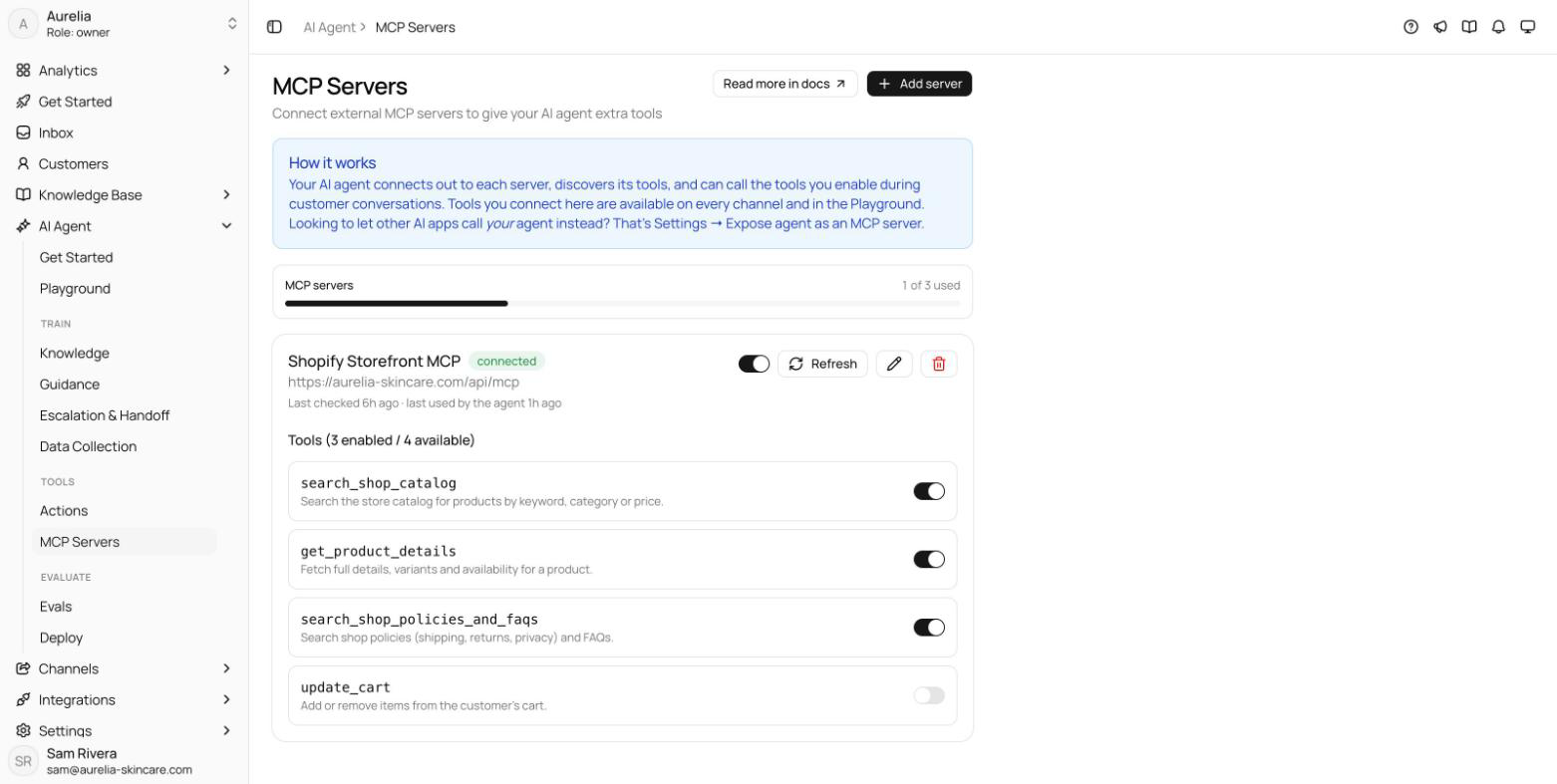MCP Servers page with the Add server button, the how-it-works explainer, and the servers usage meter