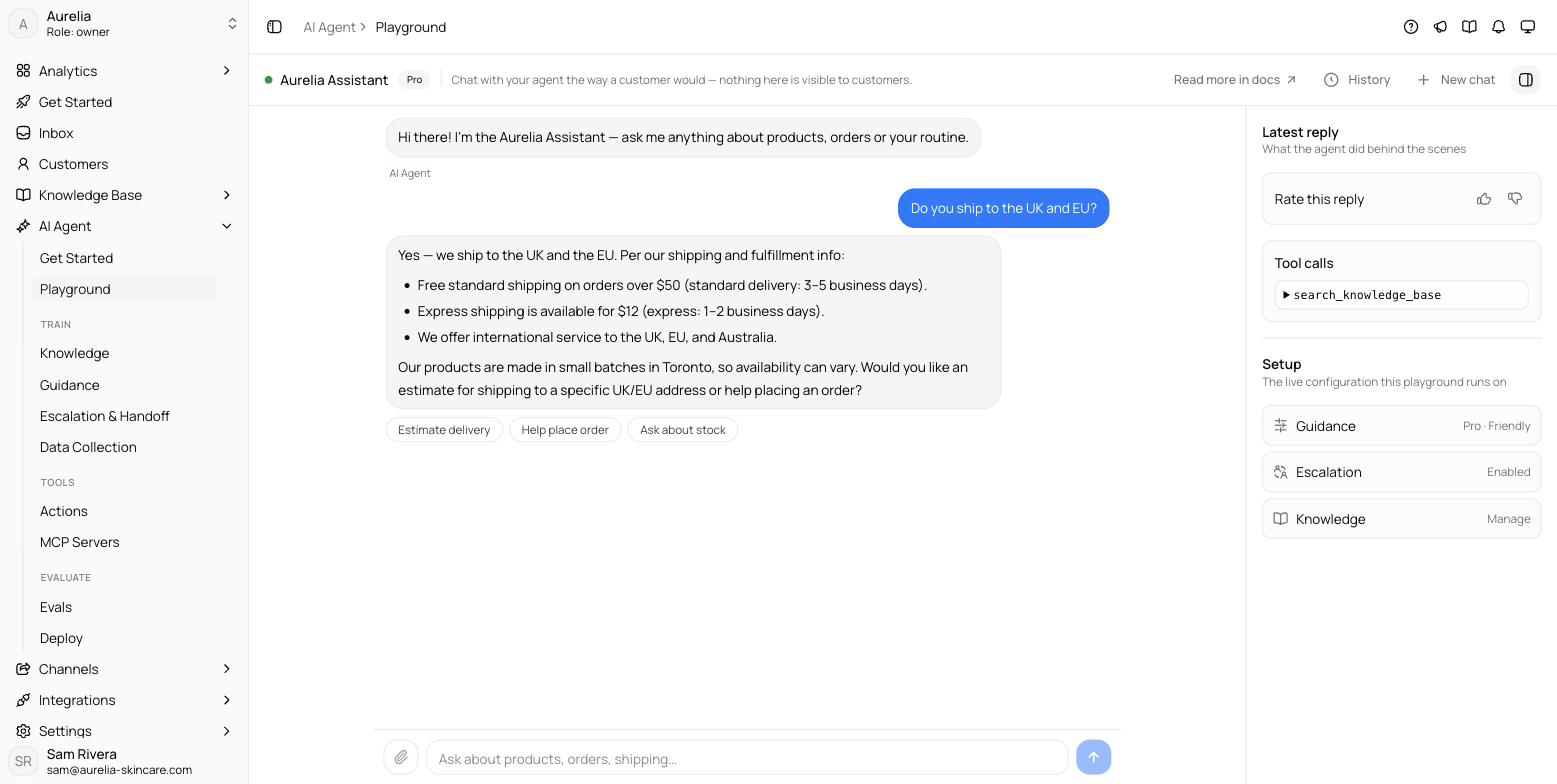 Playground with a widget-styled chat and the Response details rail open showing the reply rating, tool calls, and sources cited