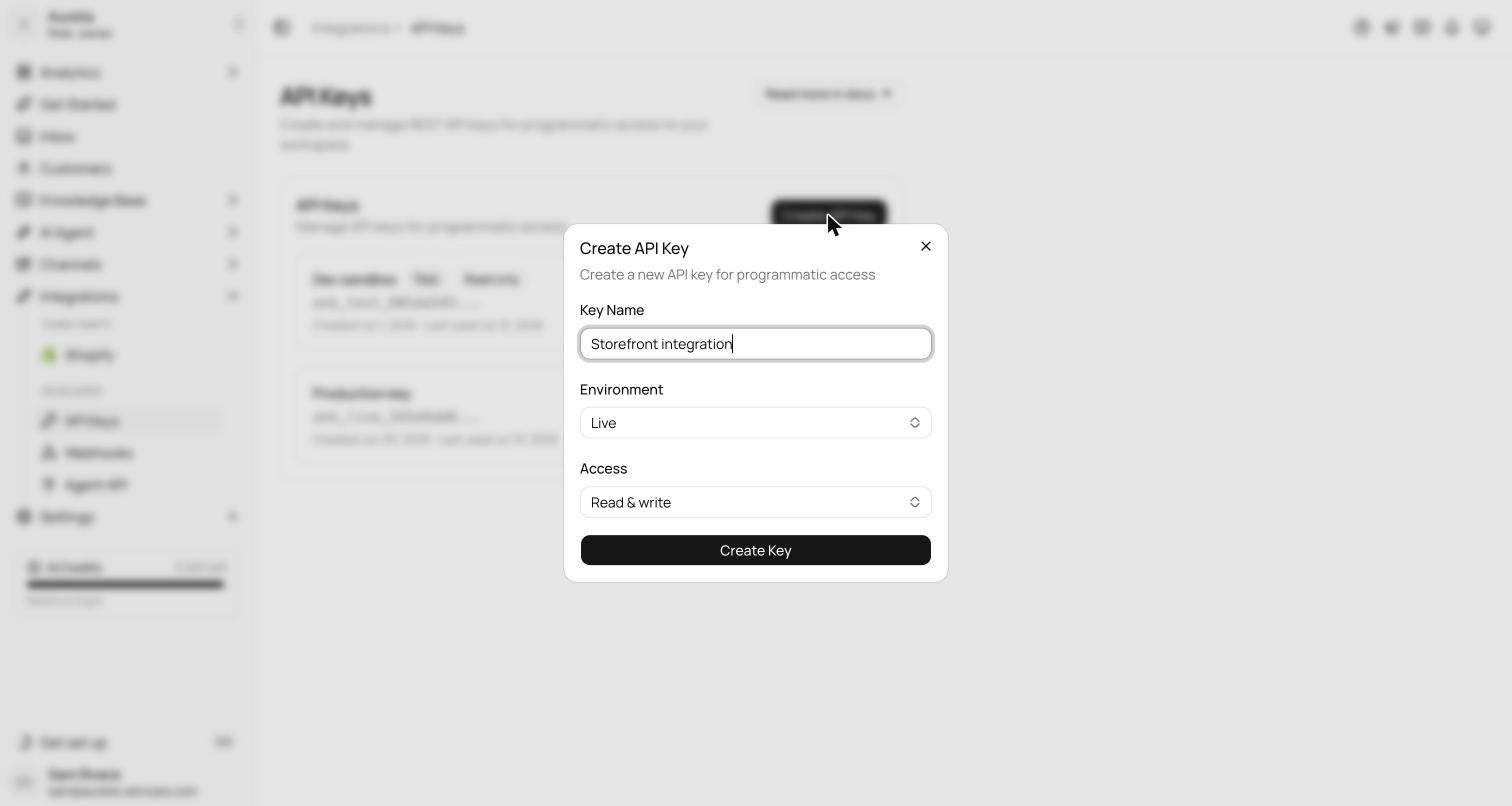 API Keys page with the Create API Key dialog open, showing the key name field, environment set to Live, and access set to Read and write