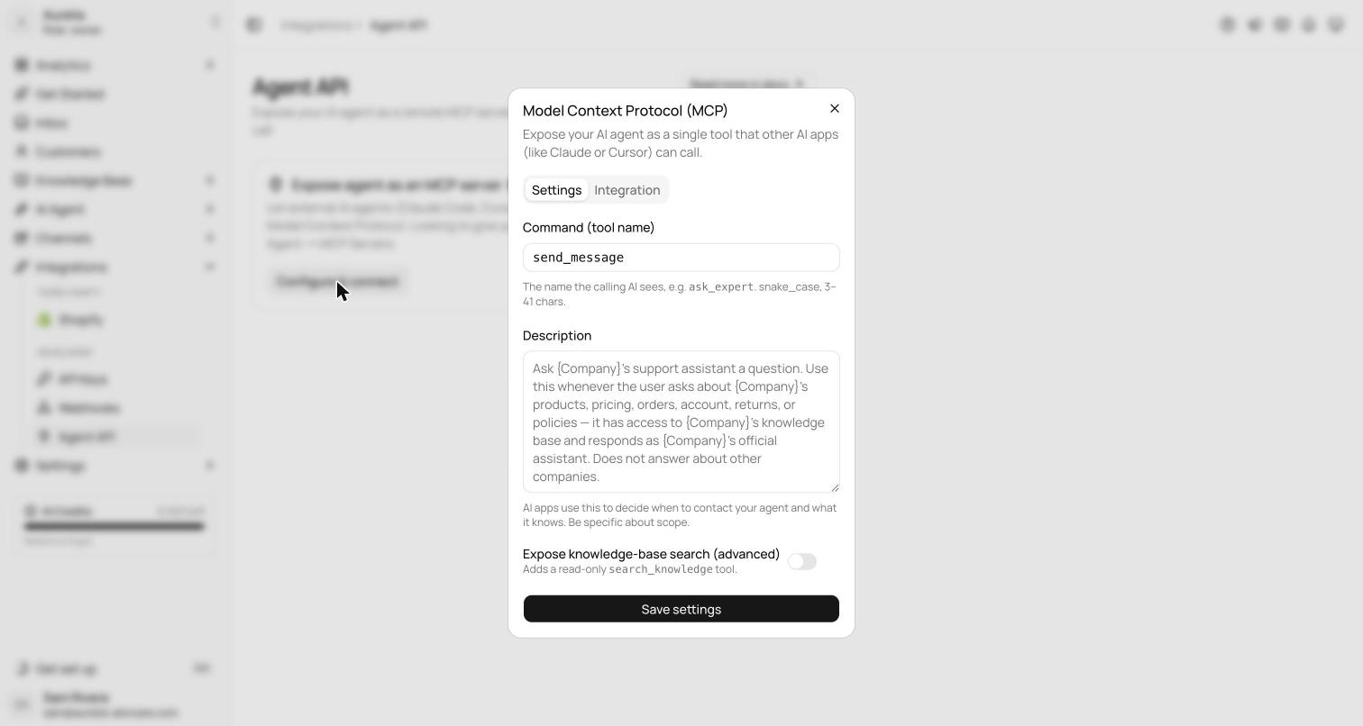 Configure and connect dialog on the Agent API page with the tool name and description fields and the expose knowledge-base search toggle