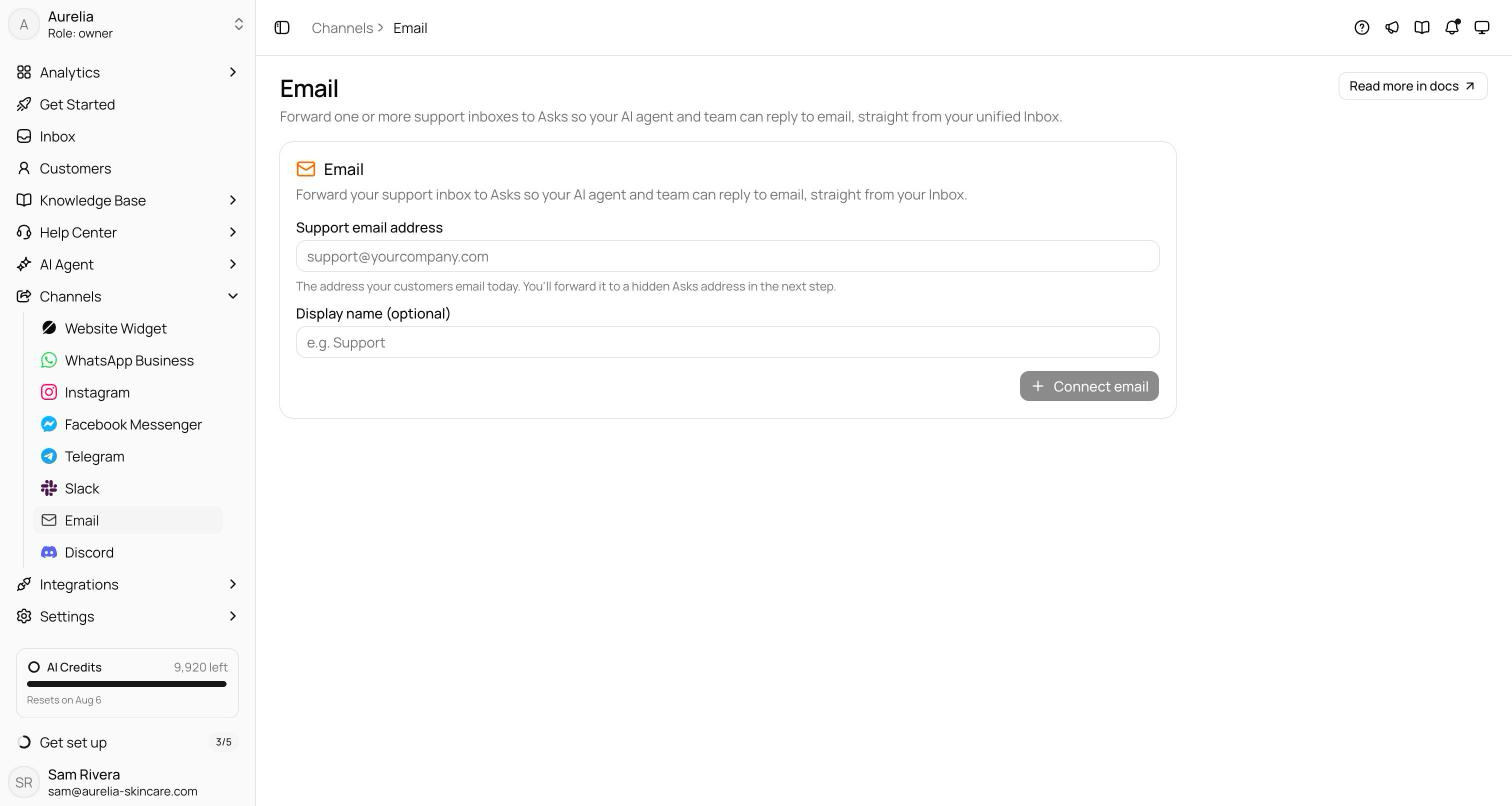 Email channel empty state with the Support email address field, the optional Display name field, and the Connect email button