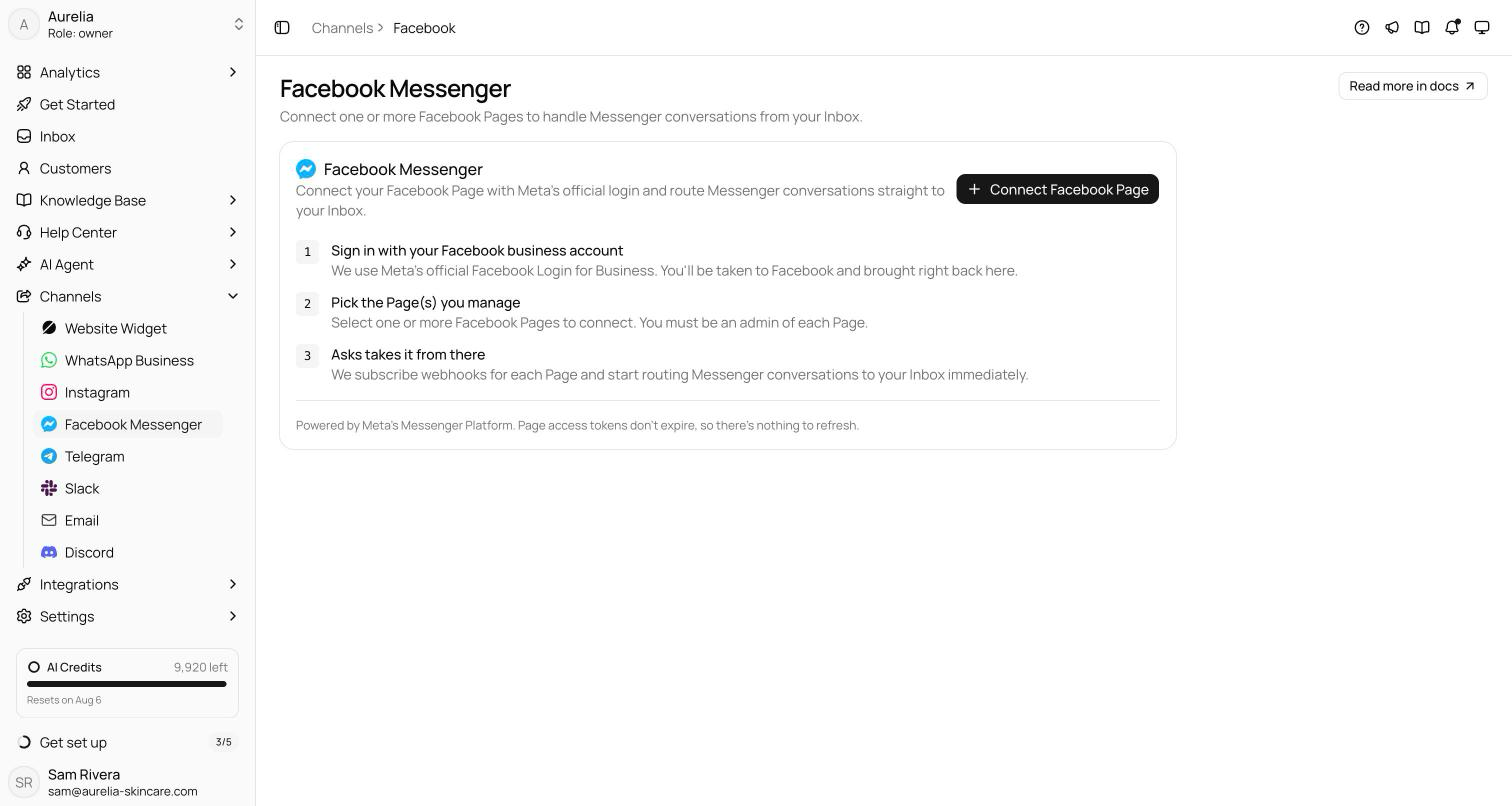 Facebook Messenger channel page with the Connect Facebook Page card and the Facebook Login explainer