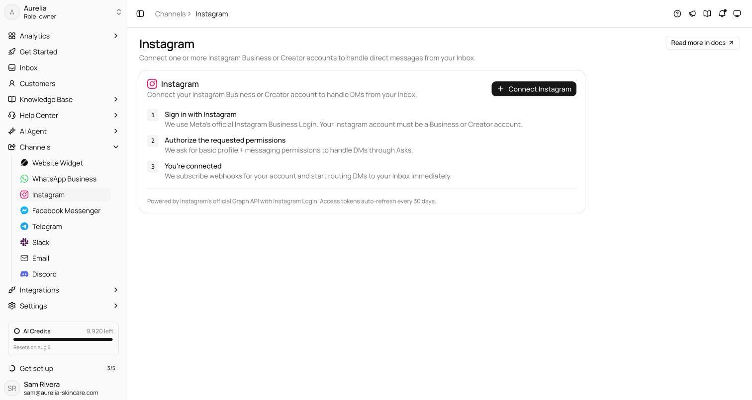 Instagram channel page with the Connect Instagram card and the three-step Business Login explainer