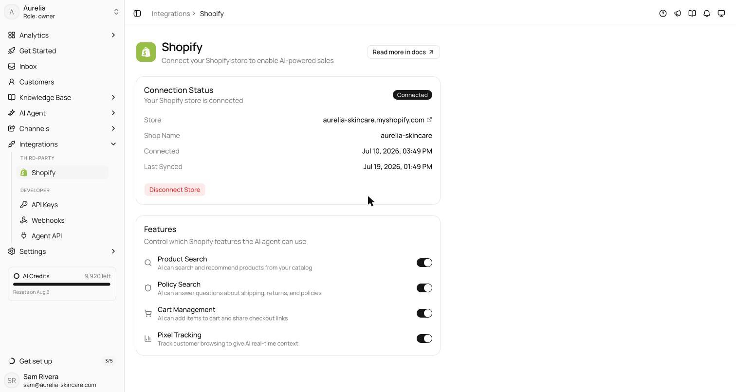 Shopify integration page with the Connection Status card showing a Connected badge and store domain, next to the Features card with the Product Search, Policy Search, Cart Management, and Pixel Tracking switches