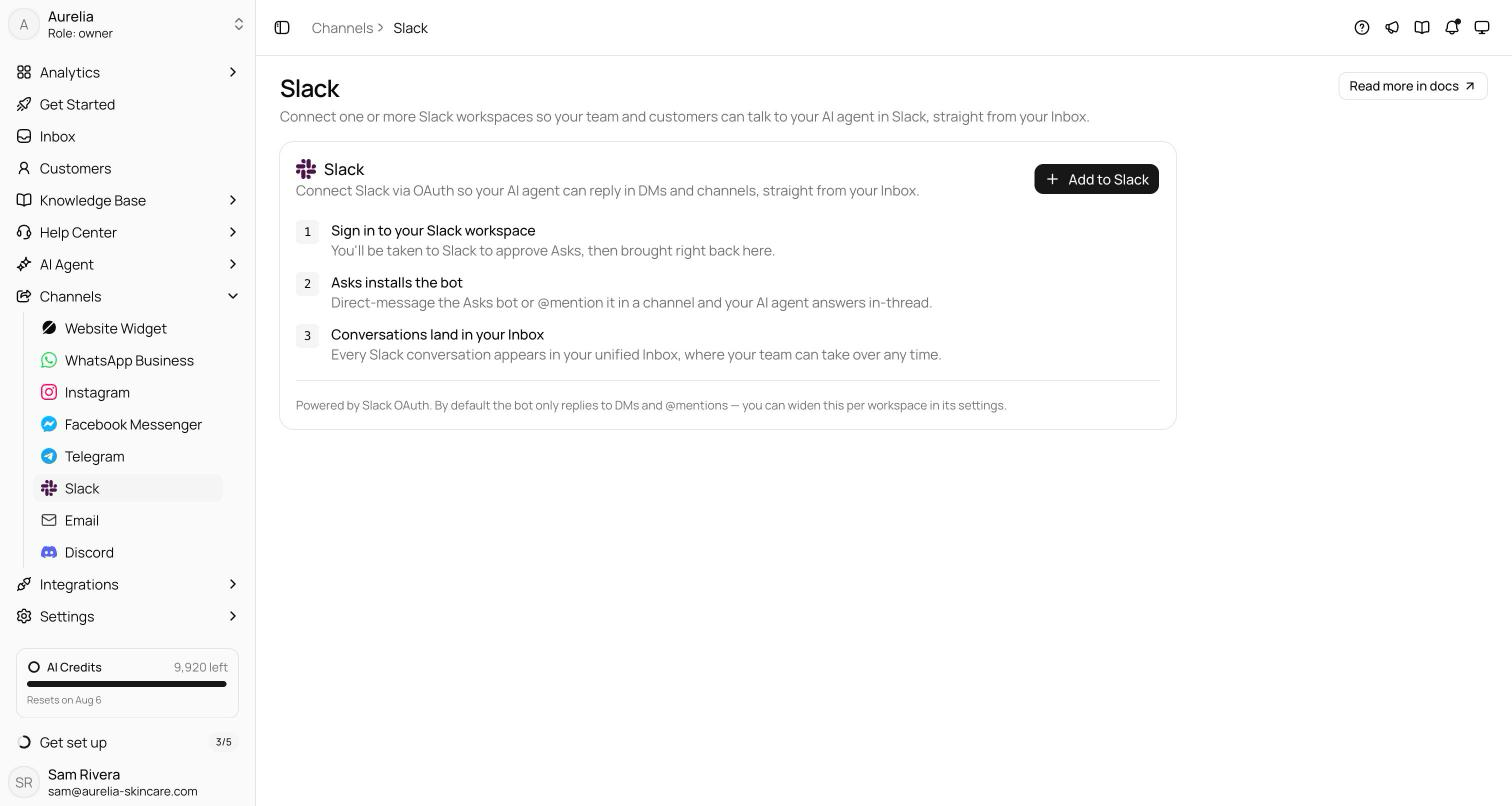 Slack channel empty state with the Add to Slack card and the note that the bot replies to DMs and mentions by default