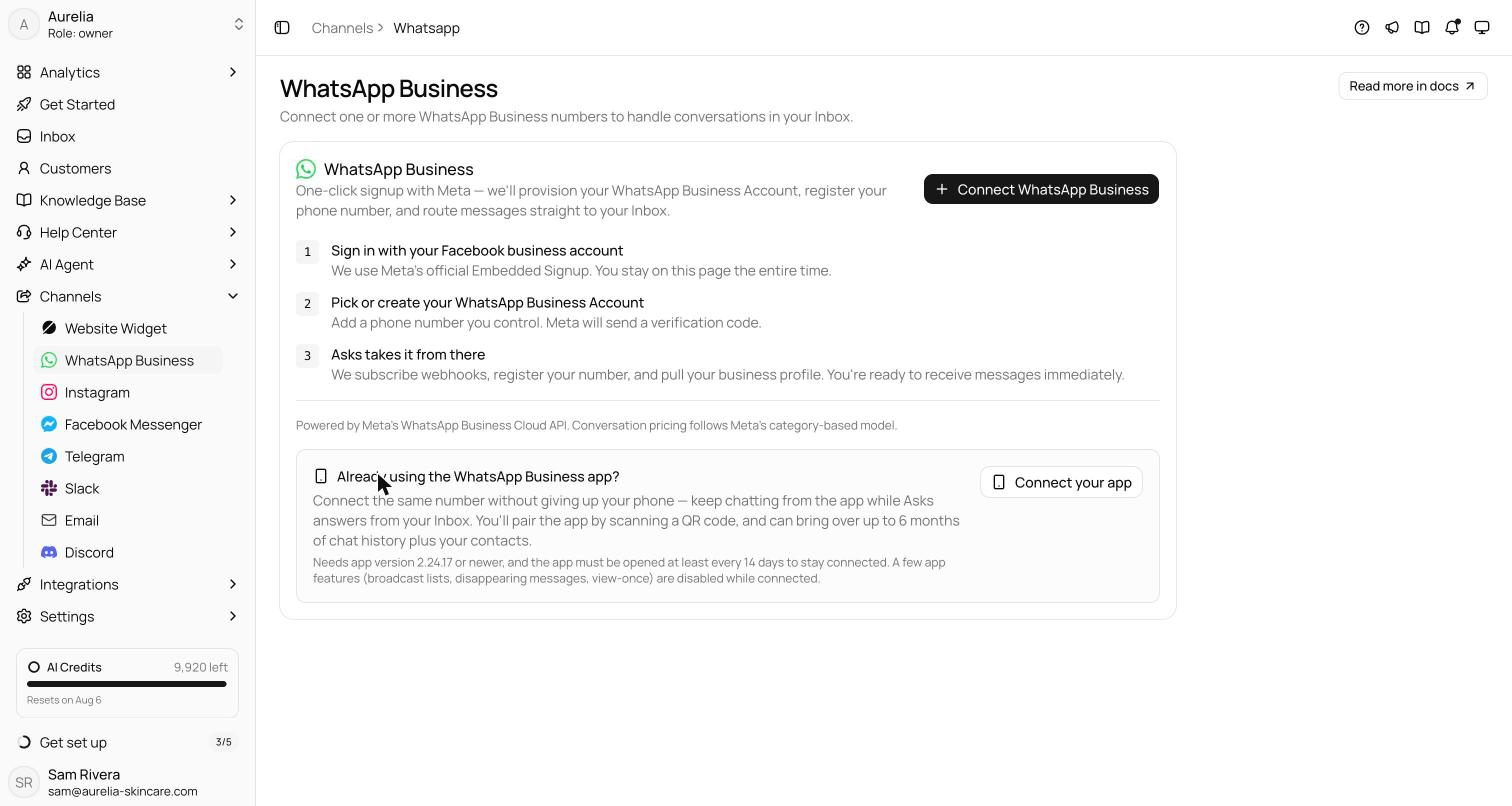 WhatsApp channel page with the Connect WhatsApp Business card, the Embedded Signup explainer, and the WhatsApp Business app coexistence panel