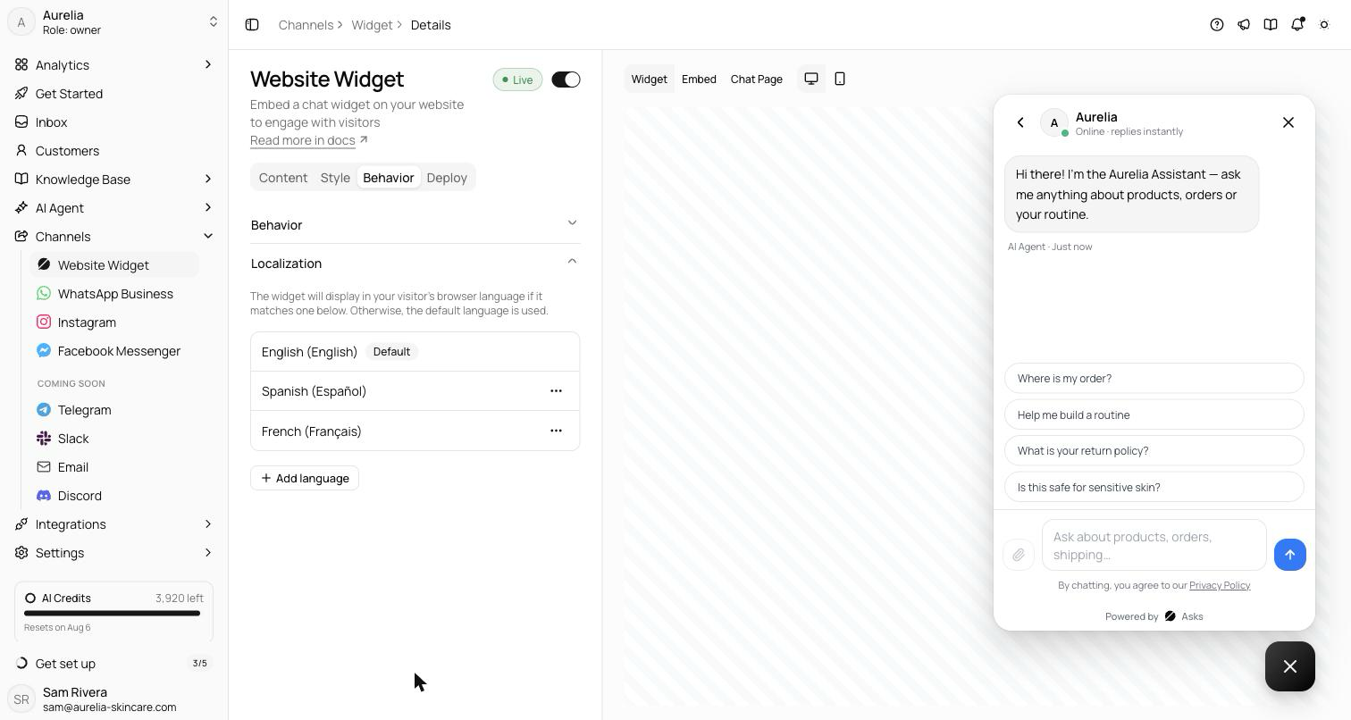 Behavior tab with the Localization accordion expanded, showing enabled language rows with a Default badge and the Add language popover