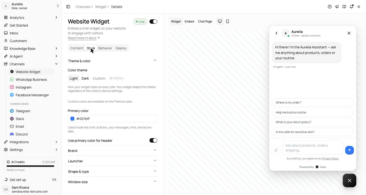 Style tab with the Theme and color section expanded showing the Light, Dark, and Custom theme options and the primary color field, with the live preview on the right