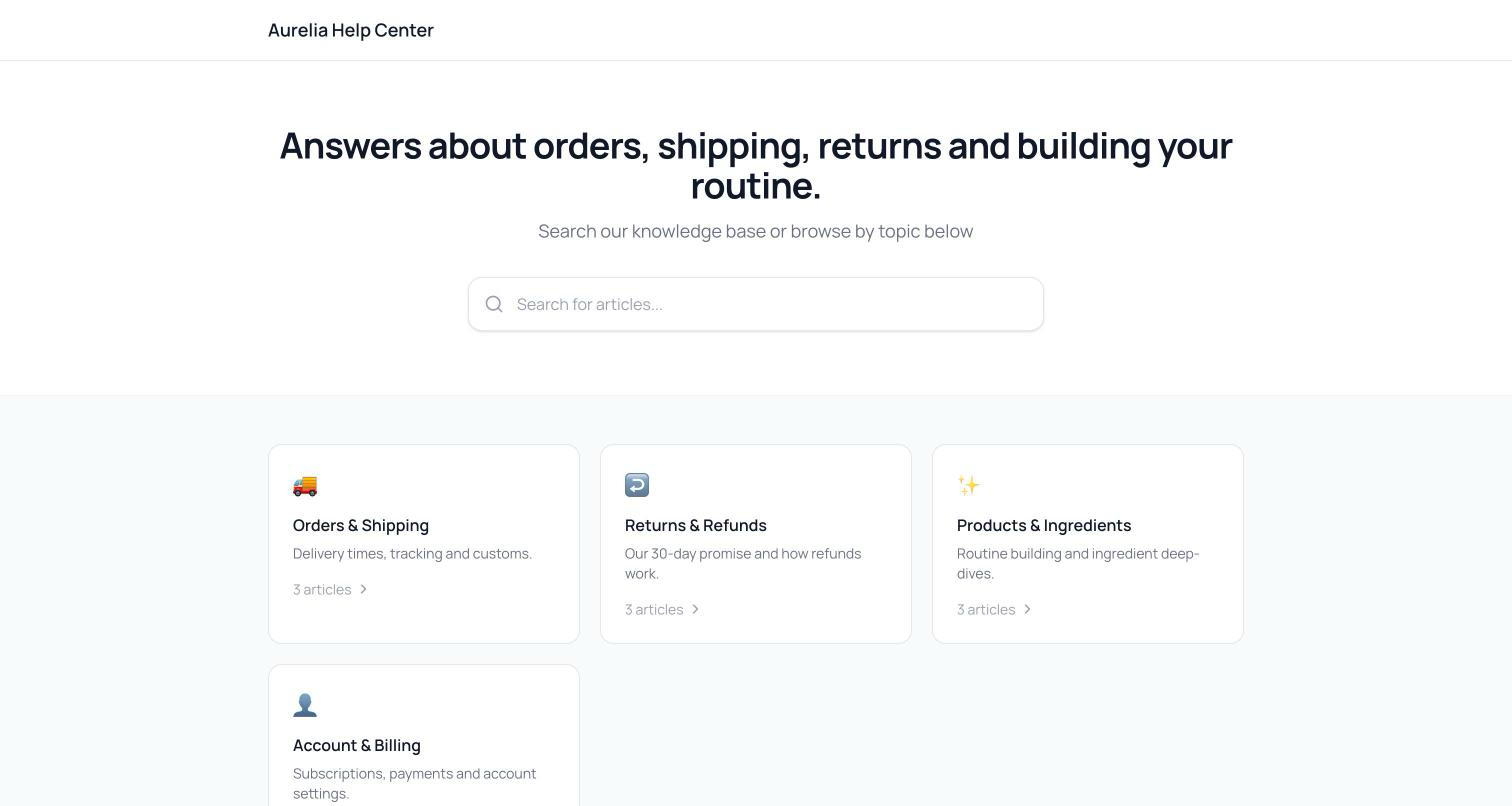 Public help center home page with the workspace name, a search bar, and a grid of collections with icons and descriptions