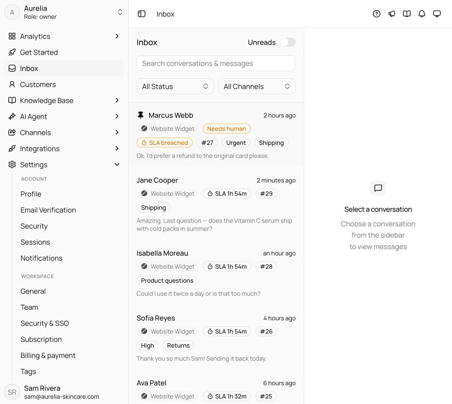 Inbox conversation list with the simplified status filter and exception badges