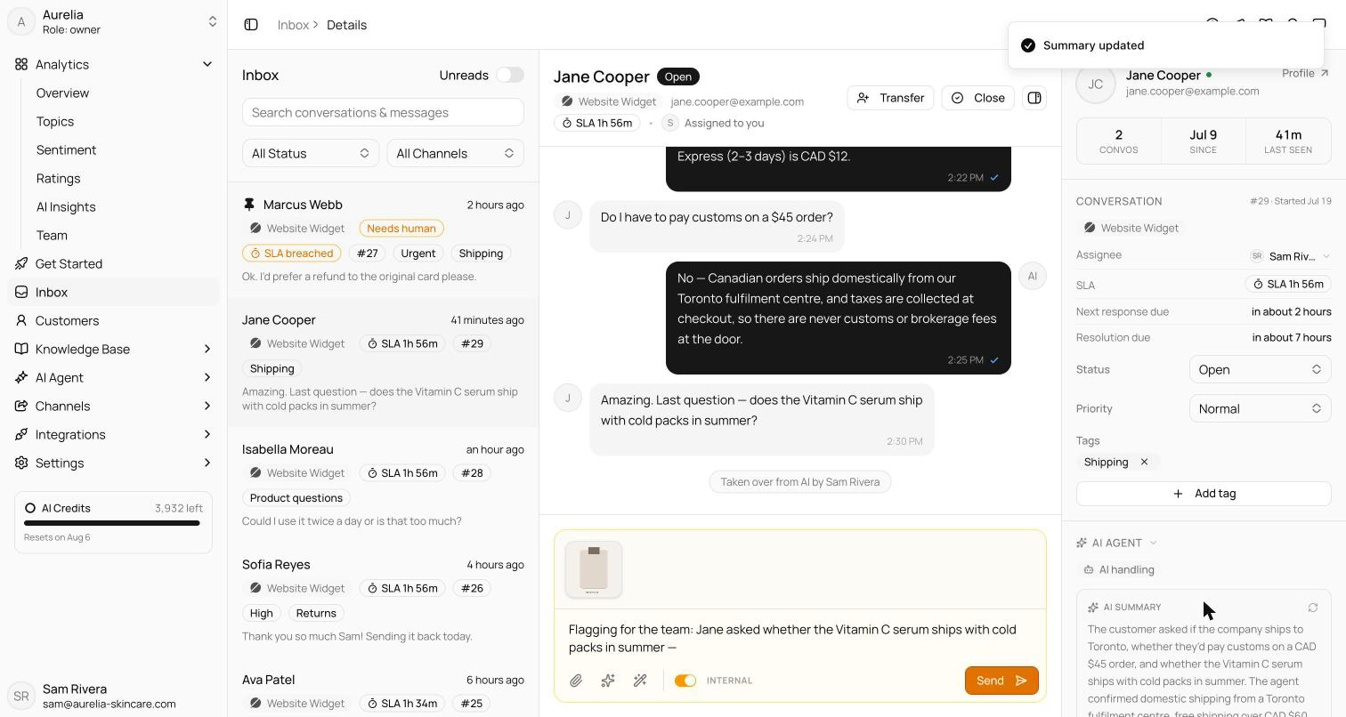 Customer panel with the stats strip, the Conversation section with an interactive assignee row, and the AI Agent section with a resolution chip and AI summary