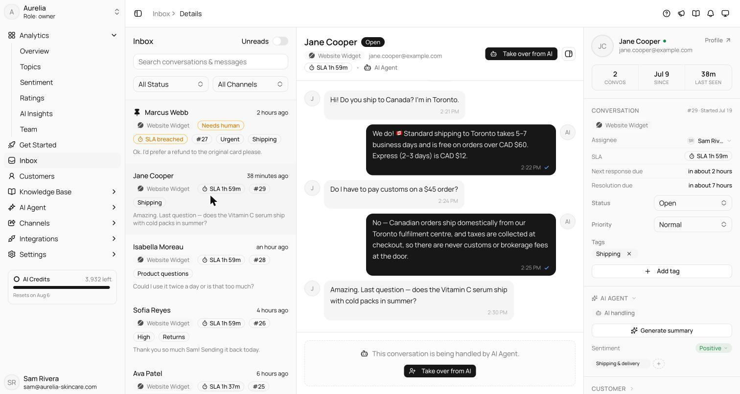 Inbox with the conversation list in the page content, the transcript in the middle, and the collapsible customer panel on the right