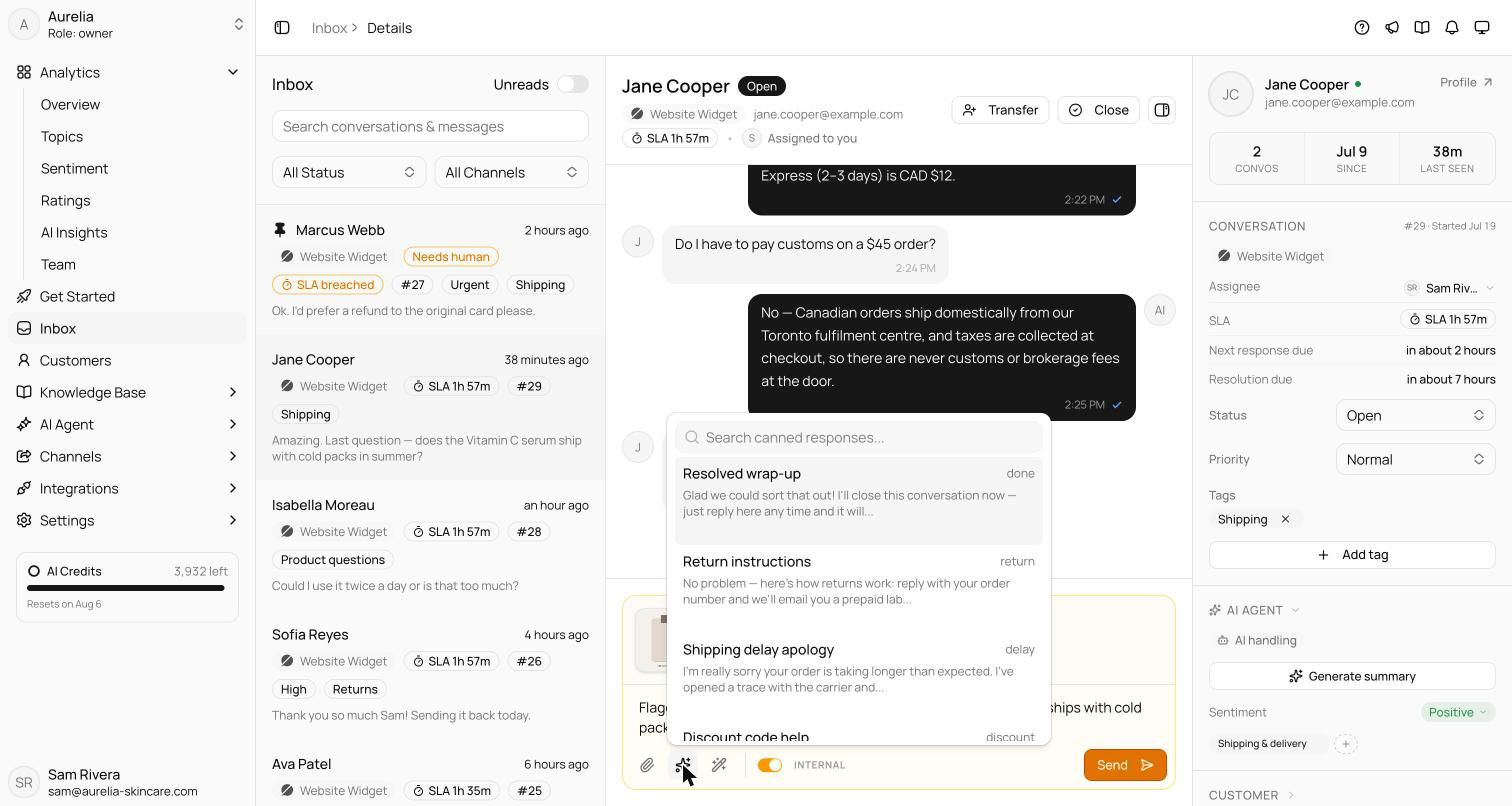 Inbox reply composer with an attachment thumbnail chip staged alongside the canned responses picker and the AI assist button