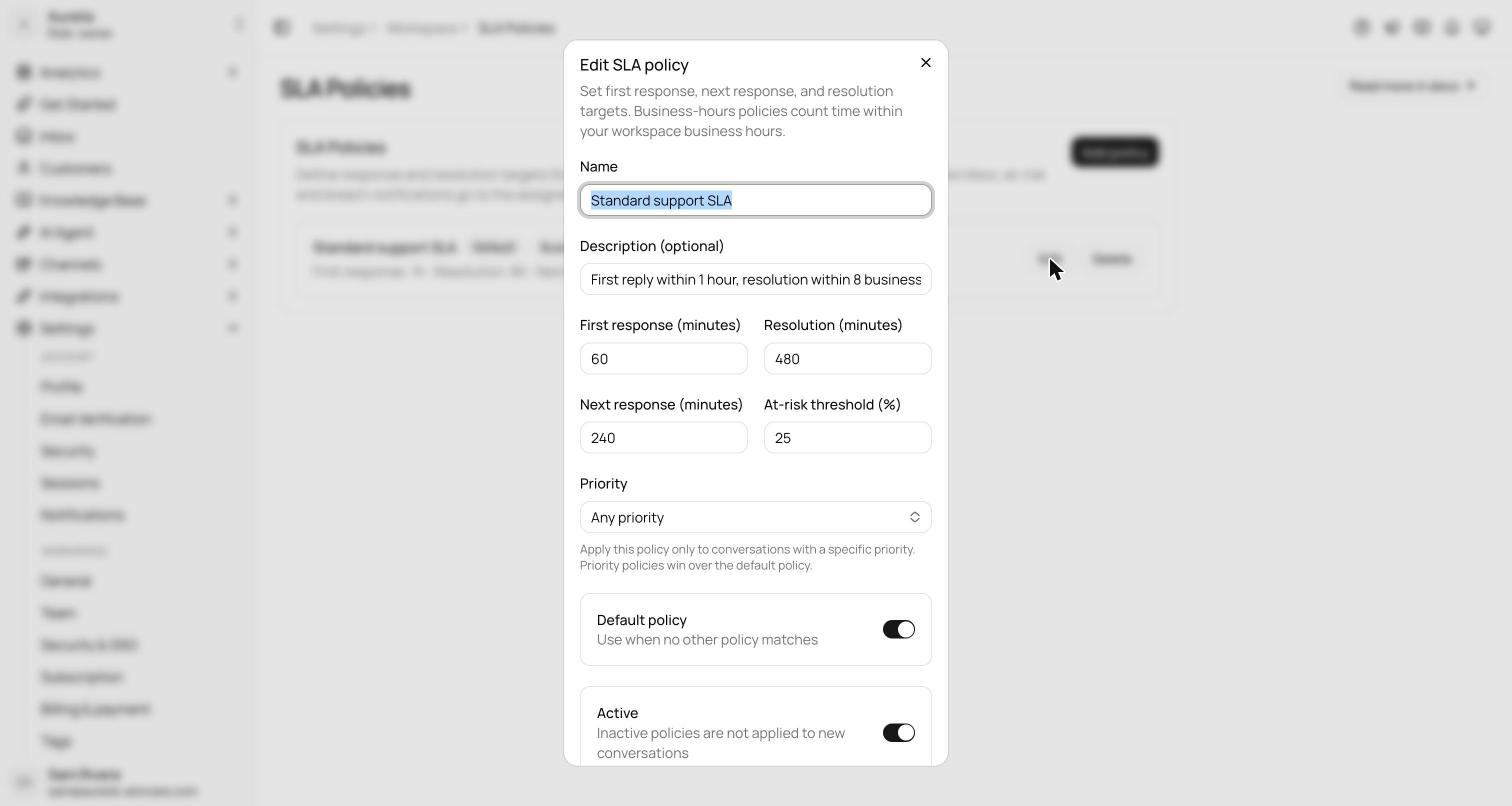 SLA policies settings page with the policy editor open showing first response, next response, and resolution targets, priority, and the at-risk threshold
