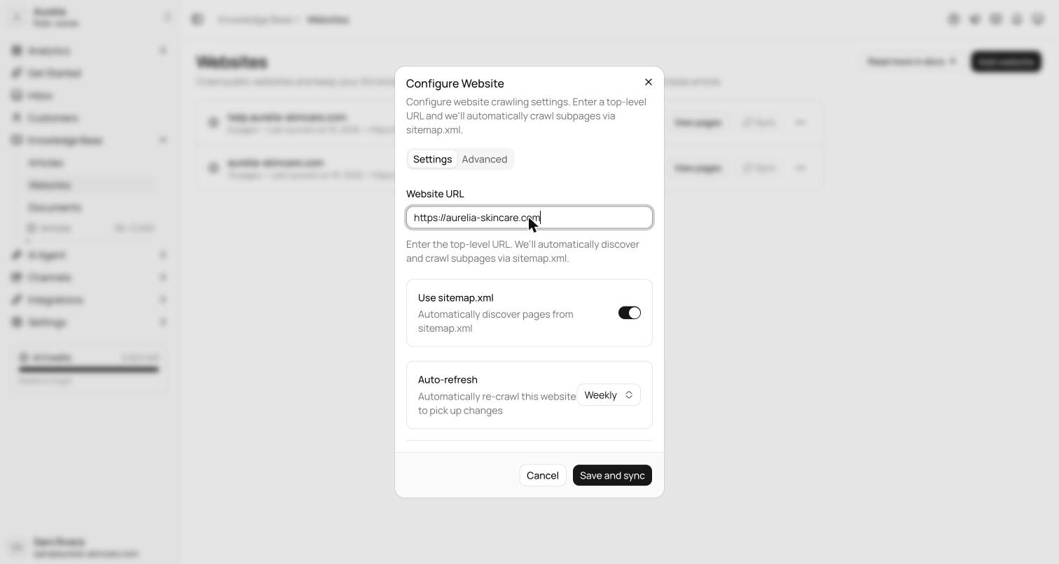Configure Website dialog on the Settings tab with Website URL field, Use sitemap.xml toggle, and Auto-refresh cadence select, next to an Advanced tab