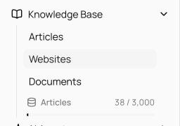 Knowledge Base sidebar meter showing articles used against the plan's article limit with a progress bar