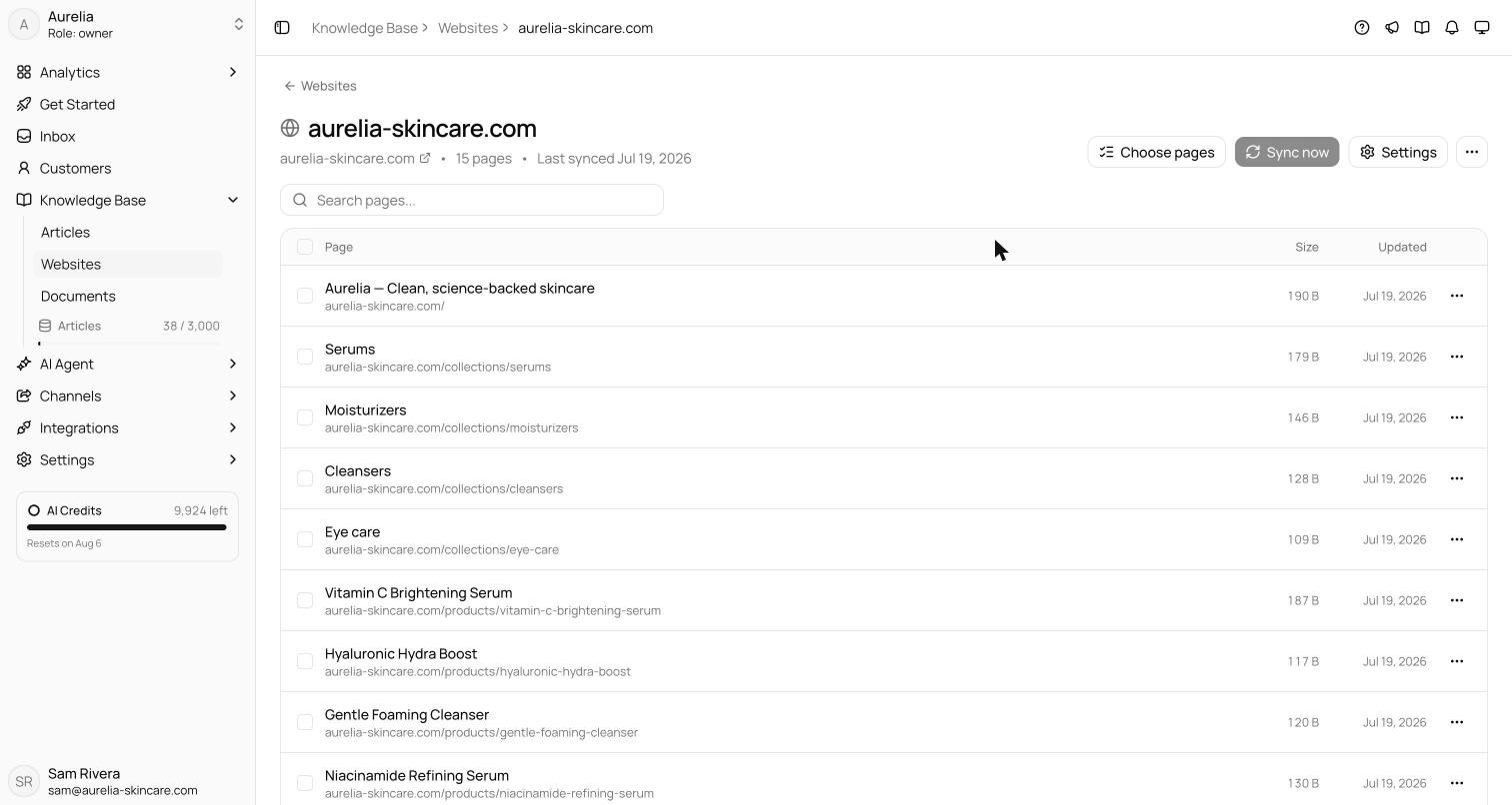 Website page list showing crawled pages with checkboxes, search input, and bulk re-crawl and delete actions
