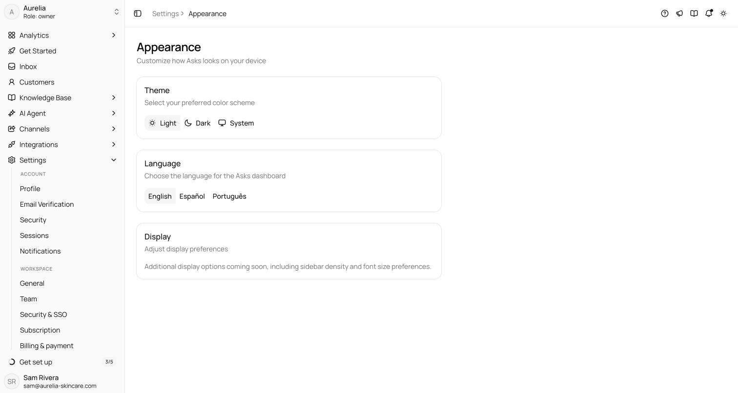 Dashboard settings with the language picker open, listing English, Spanish, and Brazilian Portuguese