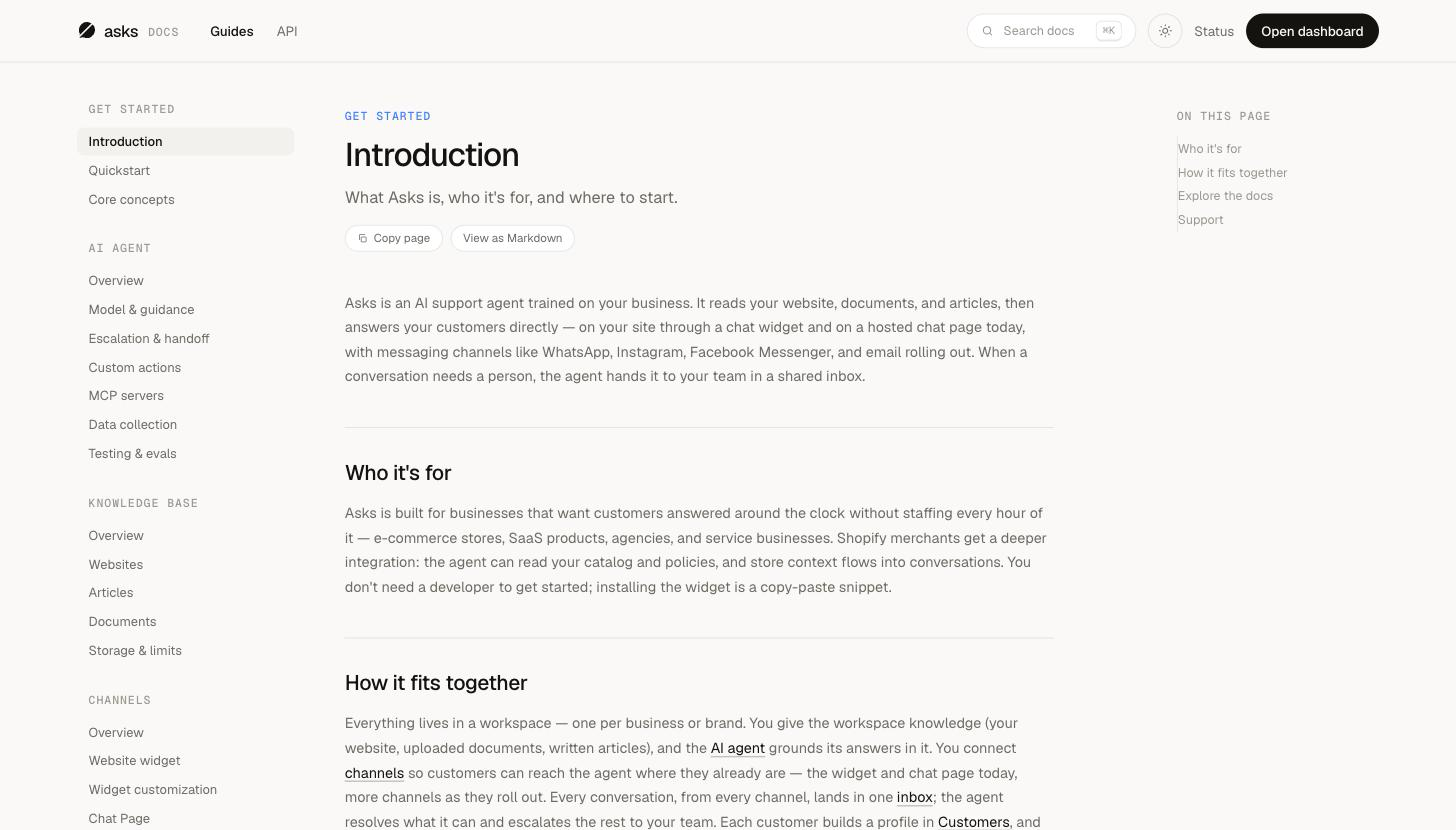 docs.asks.app home page with the section navigation and guide cards for channels, AI agent, and the API reference