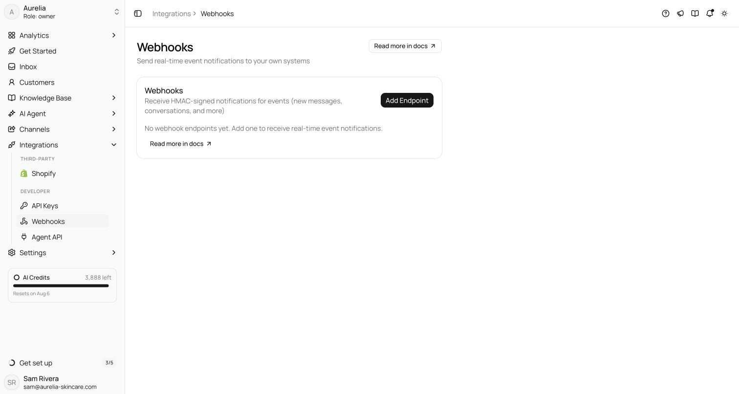 Webhooks page in a new workspace showing a guided empty state with an explanation, an Add Endpoint button, and a Read more in docs link