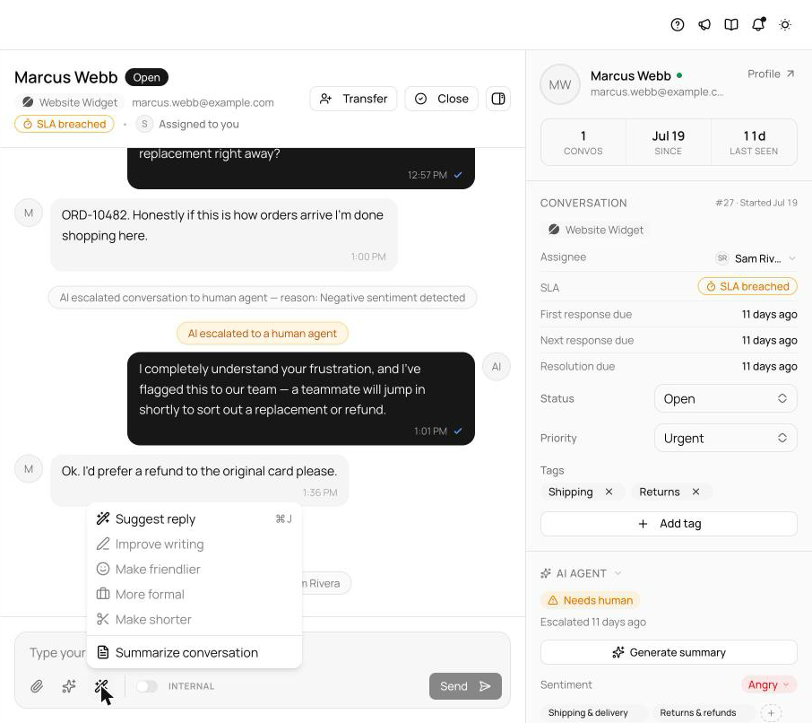 Inbox reply composer with the Copilot wand menu open showing Suggest reply, Improve writing, Make friendlier, More formal, Make shorter, and Summarize conversation