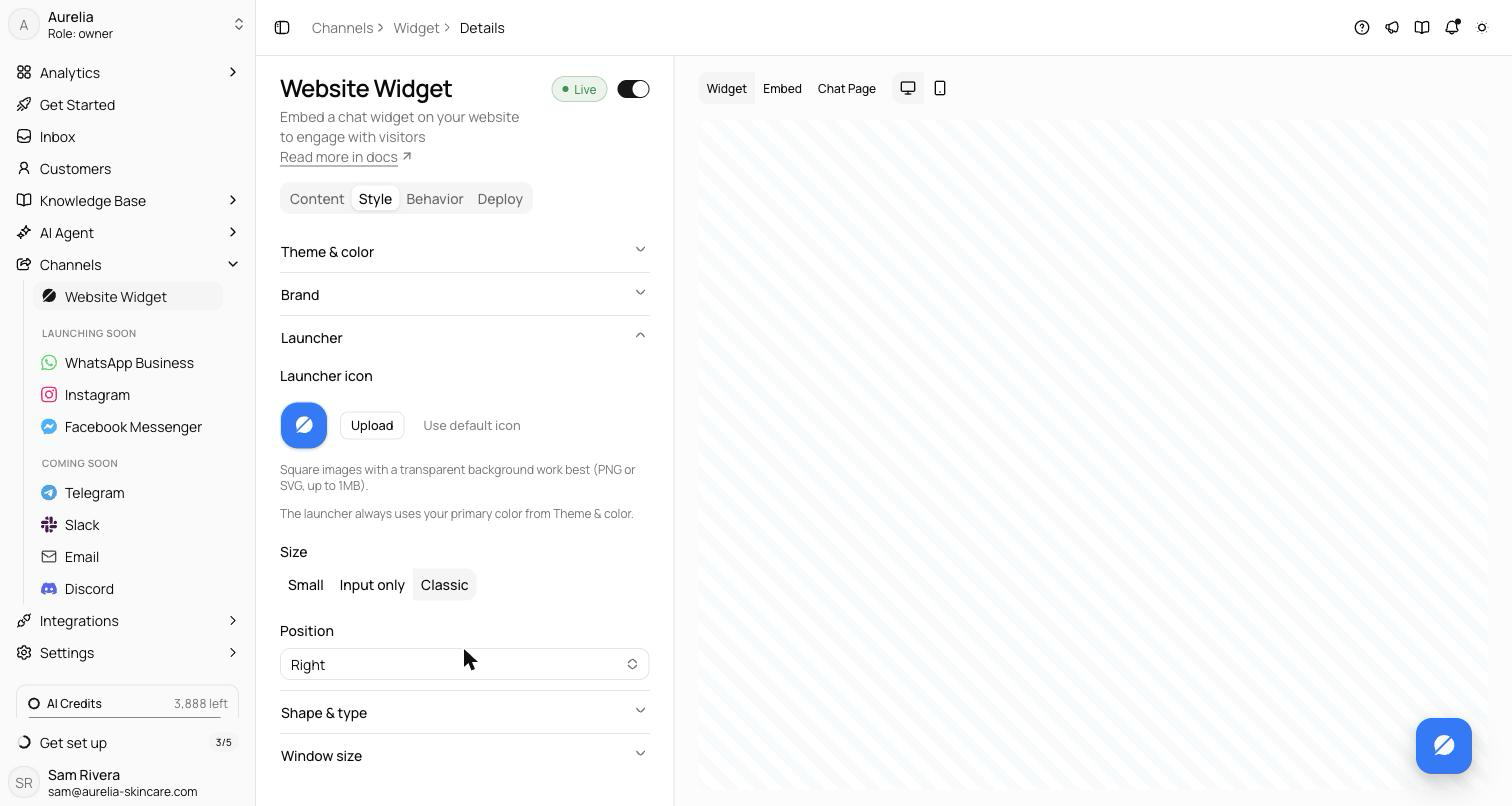 Style tab with the Launcher section expanded showing the launcher icon upload, size options, and position, with the live preview on the right