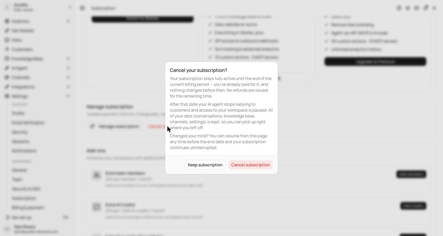 Cancel your subscription confirmation dialog explaining that access continues until the end of the paid period and all data is kept