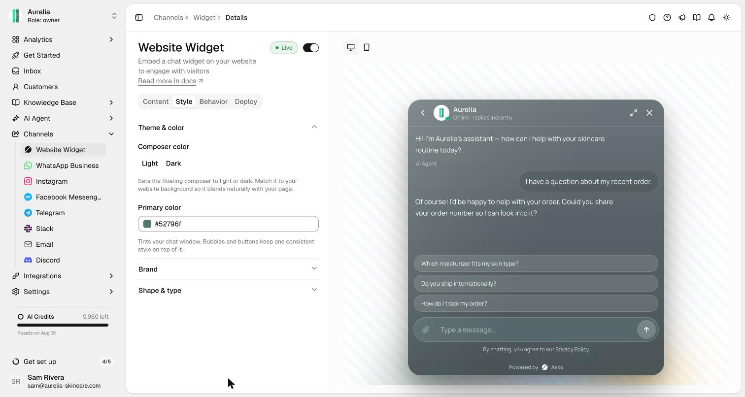 An open Spotlight conversation: a frosted-glass window tinted by the brand color, with bubble-less agent replies and a glass composer