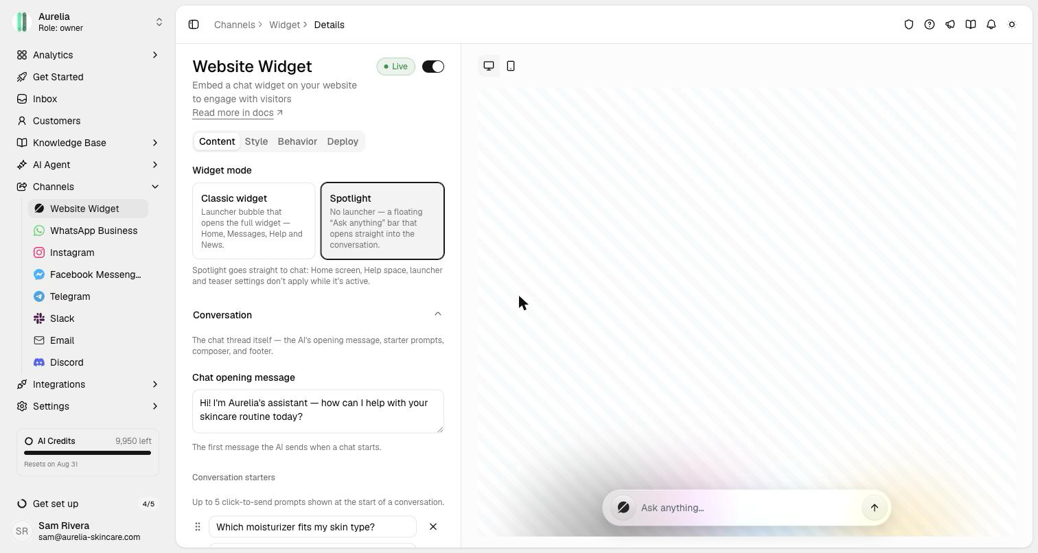 Widget settings page with the Spotlight mode selected and the preview showing the floating Ask anything composer pill