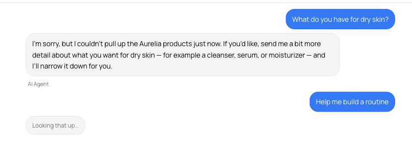 Chat conversation showing the localized Looking that up status line while the agent consults the knowledge base