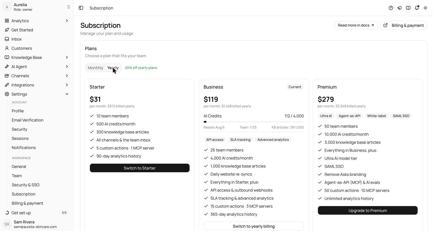 Subscription page on the Yearly tab with the 20% off badge and the Starter, Business, and Premium plan cards showing per-month prices billed yearly