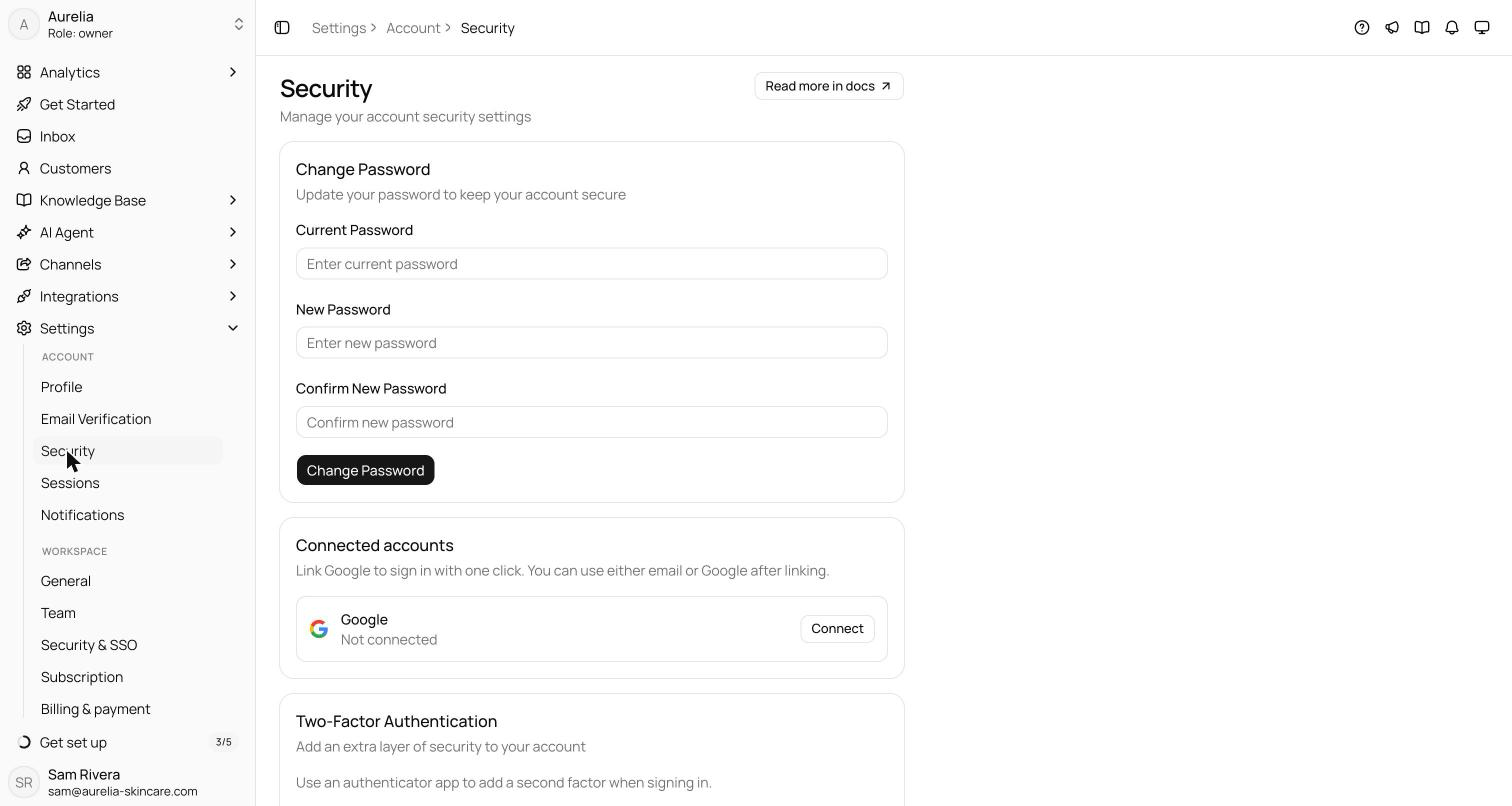 Account security settings with the change-password form, the two-factor authentication card, and the recovery codes section