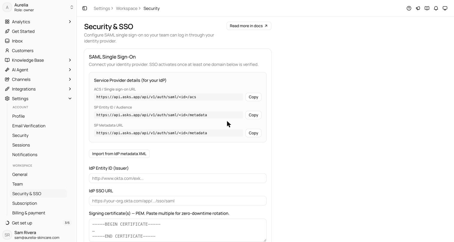 Workspace security settings with the SAML SSO configuration card showing the Service Provider values with copy buttons and the IdP configuration fields
